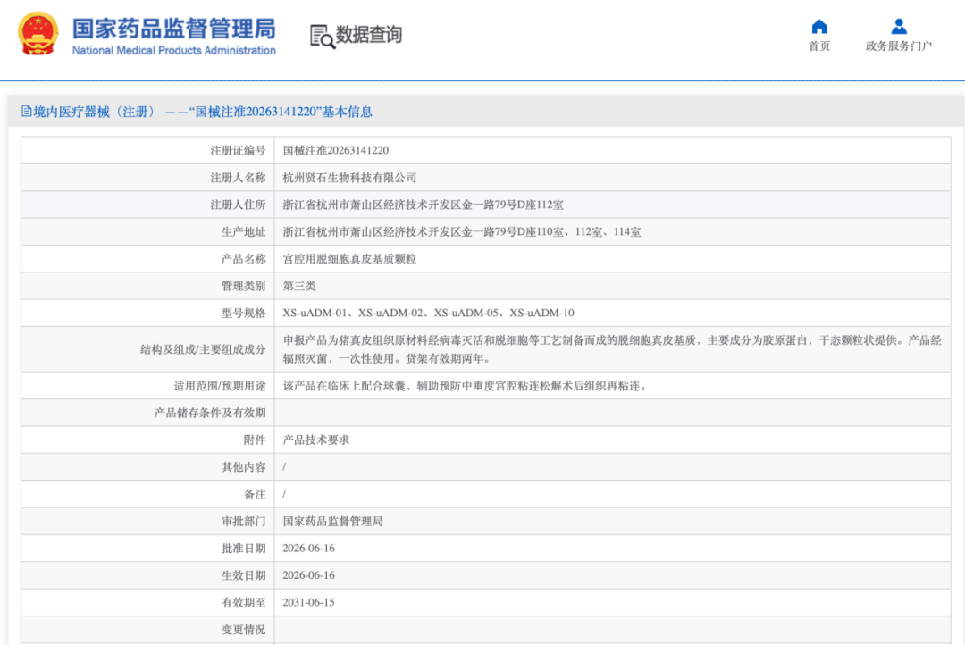 中洪博元助力杭州贤石生物国内首款宫腔用脱细胞真皮基质颗粒获批上市！